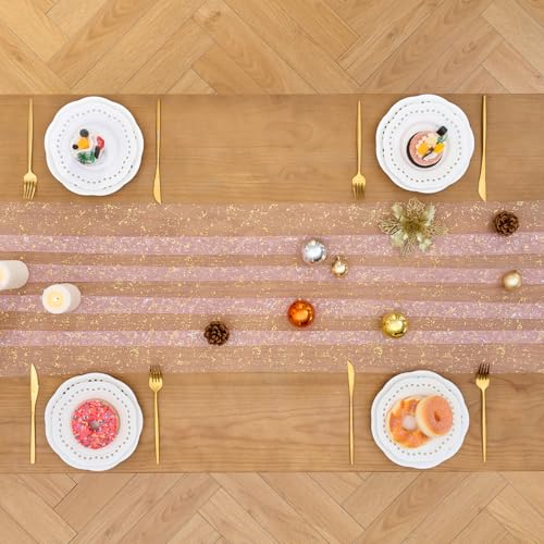 3 Pcs Pink Gold Glitter Tulle Table Runner 10ft for Wedding Party Decor