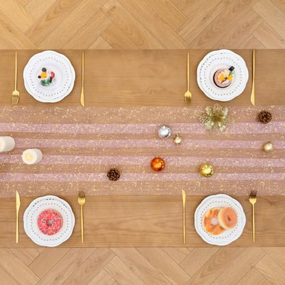 3 Pcs Pink Gold Glitter Tulle Table Runner 10ft for Wedding Party Decor