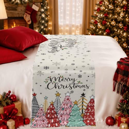 83x20 Beige Christmas Tree Bed Runner Scarf Full Queen Size Winter Holiday Decor