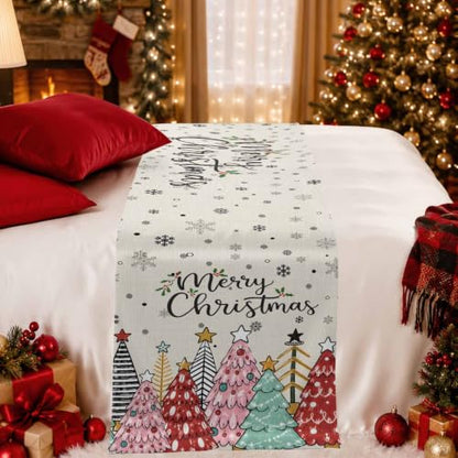 83x20 Beige Christmas Tree Bed Runner Scarf Full Queen Size Winter Holiday Decor