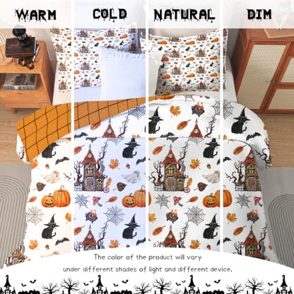 Halloween Duvet Cover Set Queen with Pumpkin Haunted House Pattern, Orange & White