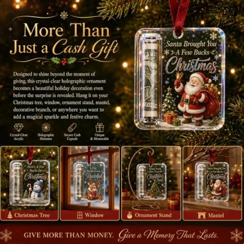Christmas Cash Gift Ornament Set - Acrylic Holiday Money Holders with Santa Snowman Reindeer Designs