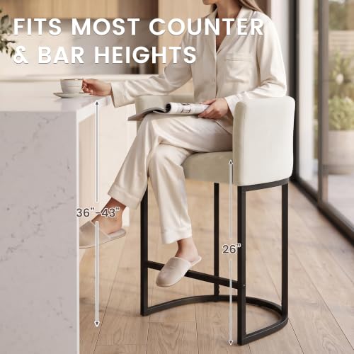 Beige Chenille Counter Height Bar Stools Set of 2 with Arms & Footrest - 26 Inch Kitchen Island Chairs
