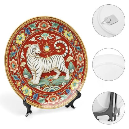 White Tiger Porcelain Decorative Plate - 6 Inch Wall Art Home Decor