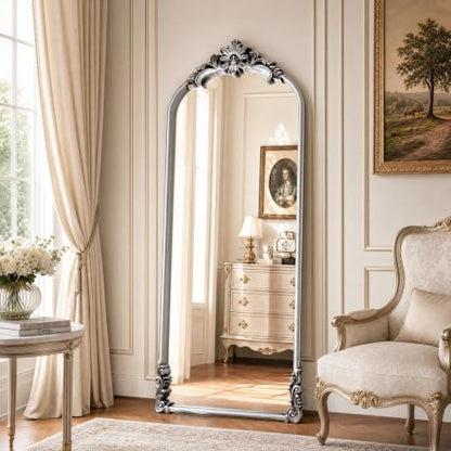 Vintage Arched Floor Mirror 28x69 Inches with Stand - Antique Silver Finish