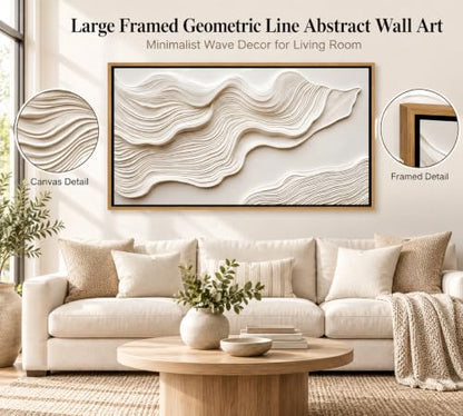 Wave Framed Abstract Wall Art - Large Geometric Line Canvas 48x24in - Modern Home Decor