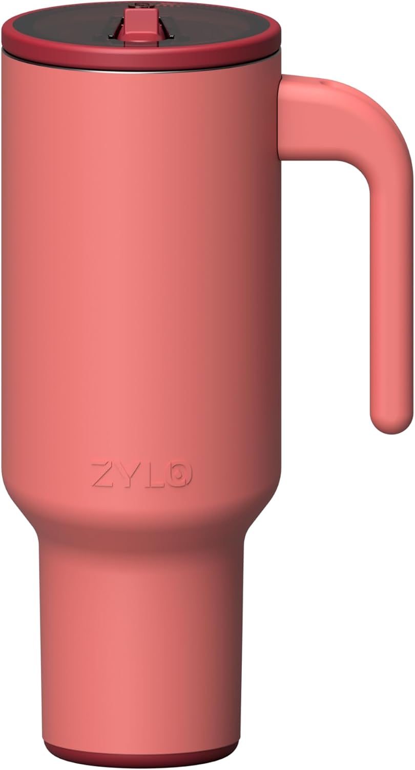 Zylo 40oz Stainless Steel Water Bottle - Leak-Proof Straw Lid & Open Handle - Insulated, BPA-Free, Pink Algae