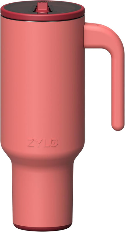 Zylo 40oz Stainless Steel Water Bottle - Leak-Proof Straw Lid & Open Handle - Insulated, BPA-Free, Pink Algae