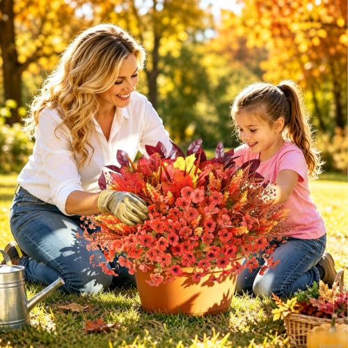 Artificial Fall Flowers Bundle 24pcs Outdoor Decor Autumn Flowers with Maple Leaves
