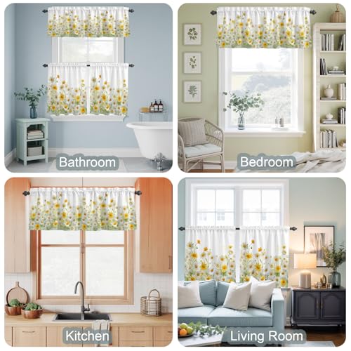 Yellow White Daisy Kitchen Curtains Set - Small 24 Inch Length, Farmhouse Style, Rod Pocket Window Tiers and Valance - Pack of 3