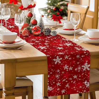 Red Christmas Table Runner 13x72 Inches Snowflake Holiday Decor - Farmhouse Style