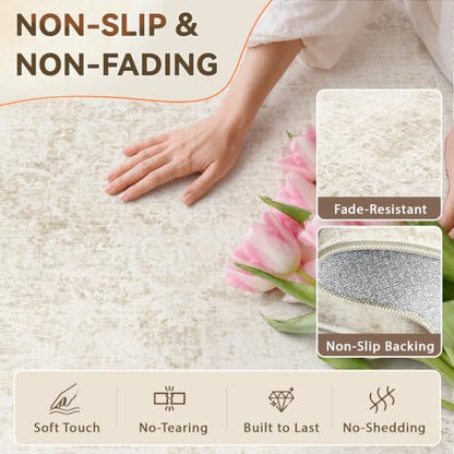 Washable 8x10 Area Rug for Living Room Vintage Boho Medallion Beige Non-Slip Low Pile Carpet