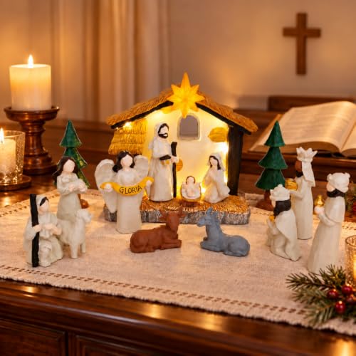 15-Piece Christmas Nativity Scene Set with Lighted Stable and Figures