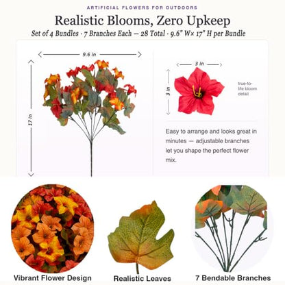 Artificial Fall Flowers Outdoor 4PCS Sunset Orange & Green Bicolor
