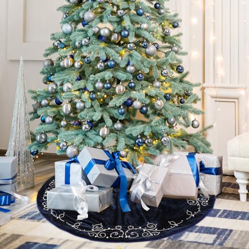 Navy Blue 36-Inch Velvet Christmas Tree Skirt with Gold Embroidered Pearls and Crystals