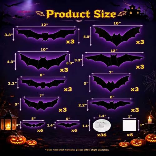 Black 36 Pack 3D Halloween Bat Wall Stickers - Spooky Home Decor