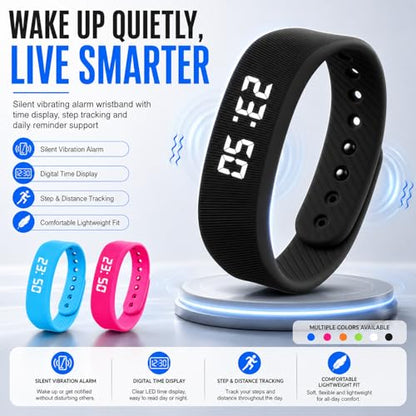 Black Vibrating Alarm Wristband for Heavy Sleepers – Silent Wake-up Watch, Fitness Reminder
