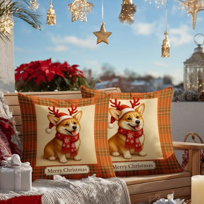 Christmas Corgi Throw Pillow Covers Set of 2 - 18x18 Inch, Reindeer & Plaid Design - Variation of Christmas Corgi#02