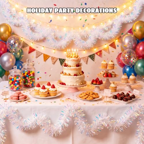Rainbow White Iridescent Christmas Tinsel Garland 33FT for Holiday Decor