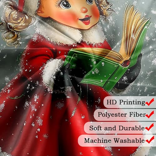 Grey Vintage Christmas Girl Shower Curtain - Retro Winter Snow Scene, 69x70in, Waterproof Fabric with Hooks