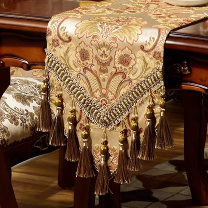 Luxury Velvet Table Runner 120 Inch with Damask Jacquard Dark Gold Variation