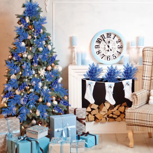 Dark Blue Glitter Berries & Pine Needles Christmas Stems, 80 Pcs