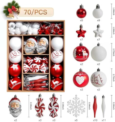 Red and White Christmas Tree Ornaments Set - 70 Pcs Holiday Decorations
