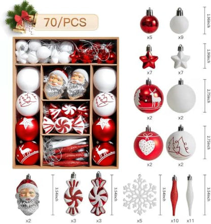 Red and White Christmas Tree Ornaments Set - 70 Pcs Holiday Decorations