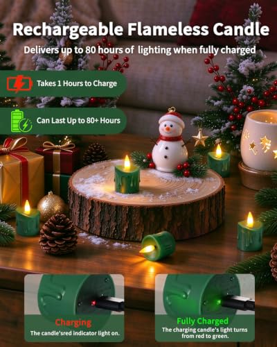 Green Rechargeable Flameless Tea Light Candles with Remote & Timer - 6 Pack