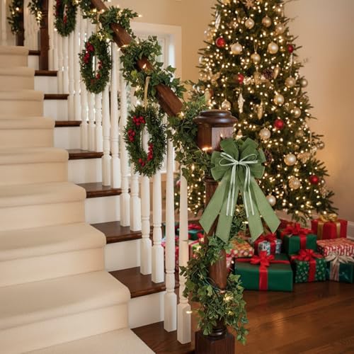 Green Burlap Bow for Christmas Wreath - 20x11 Inch Holiday Front Door Decor