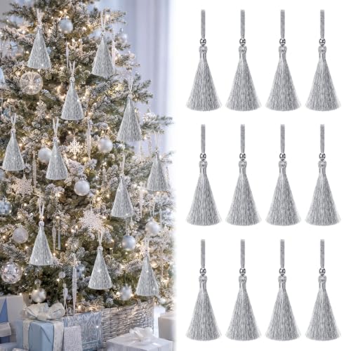 Silver Christmas Tinsel Tassel Ornaments - 12 Pack Holiday Tree Decor