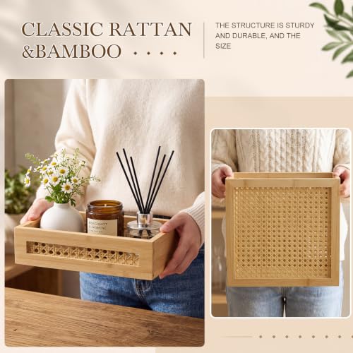 Wicker Bathroom Accessories Set with Trash Can, Tissue Box & Tray - Rustic Rattan Decor