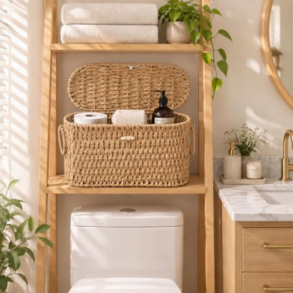 Endymion Wicker Toilet Paper Basket with Lid - Rattan Storage for Bathroom - Neutral