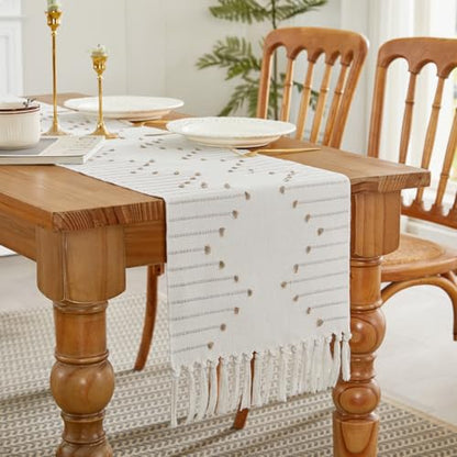 Wracra Boho Table Runner Taupe/Ivory 14x108 Inches Woven Rustic Decor