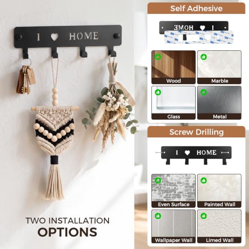 4-Hook Metal Wall Mount Key Holder with Self-Adhesive Back - Black, 9.45 Inches