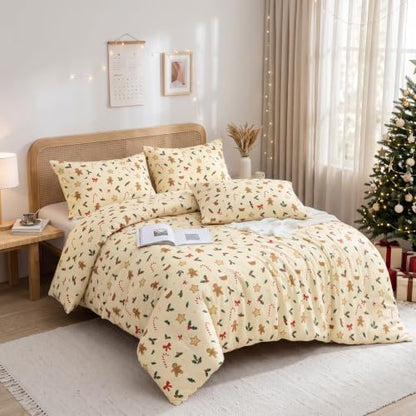 Queen Christmas Comforter Set Gingerbread Holiday Bedding Cream