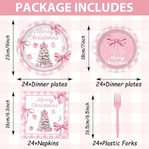 Pink Christmas Party Tableware Set - 96 Pieces for 24 Guests - Bow Plates & Napkins
