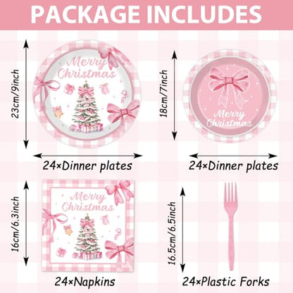 Pink Christmas Party Tableware Set - 96 Pieces for 24 Guests - Bow Plates & Napkins