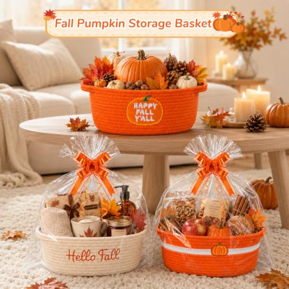 Hello Fall Woven Cotton Rope Gift Basket with Embroidered Hello Fall and Decorative Bow