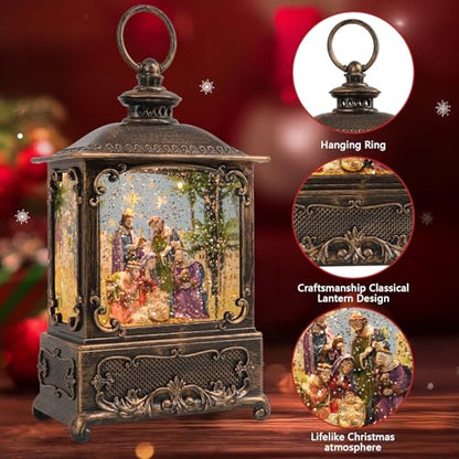 Nativity Snow Globe Lantern Christmas Decor with Music Lighted Scene - Indoor Holiday Ornament