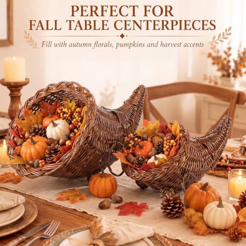 2 Pack Woven Rattan Cornucopia Basket with LED String Lights - Farmhouse Thanksgiving Decor