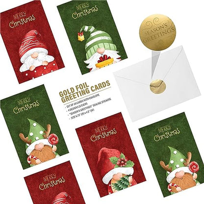 20 Christmas Gnome Cards with Envelopes & Gold Foil Stickers - Santa Theme