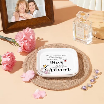 Mom Gifts from Daughter - Elegant Ring Dish for Mom with Encouraging Quote - Mother's Day, Birthday, Christmas Gift - Variation: Straighten Your Crown