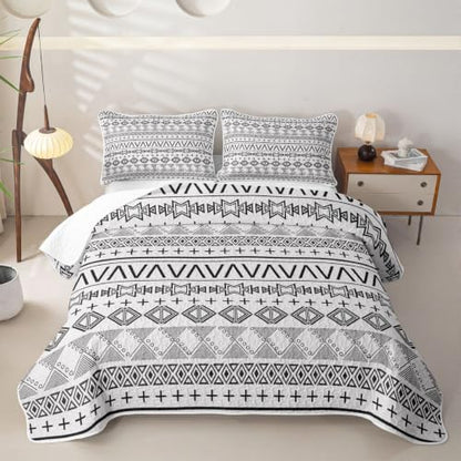 White Black Boho Geometric Quilt Set Twin with Pillowcase - Modern Bedding