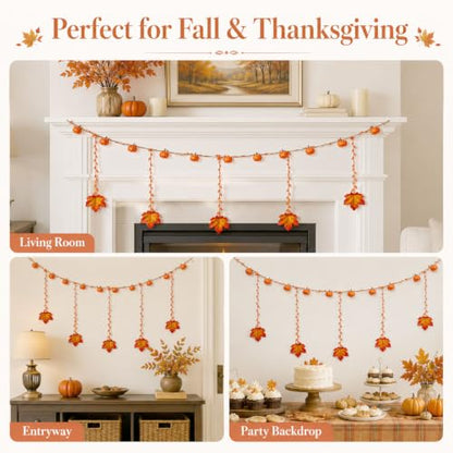 Fall Pumpkin Garland with Hanging Maple Leaves - 6.6 FT Decorative Autumn Decor