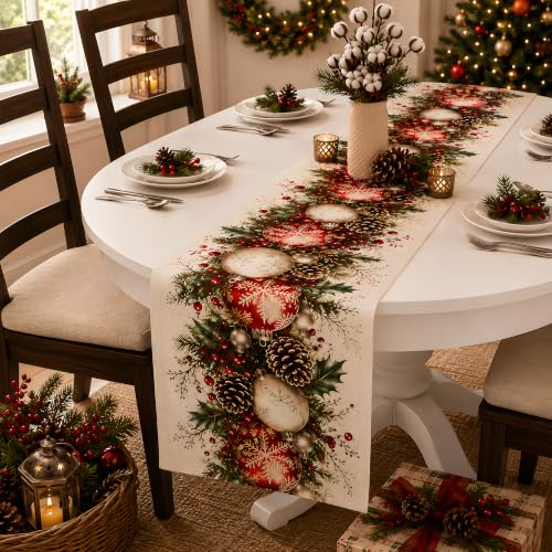 Christmas Decorations - Xmas Balls Snowflake Pine Cone Table Runner - Variation of Christmas Balls Snowflake