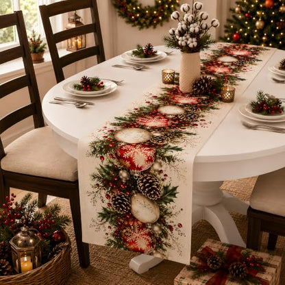 Christmas Decorations - Xmas Balls Snowflake Pine Cone Table Runner - Variation of Christmas Balls Snowflake