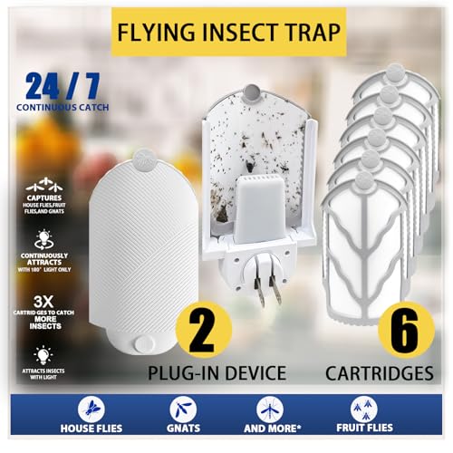 Indoor Flying Insect Trap with 2 Plugs & 6 Refills, UV Light Bug Catcher for Fruit Flies & Gnats - Quiet, Mess-Free