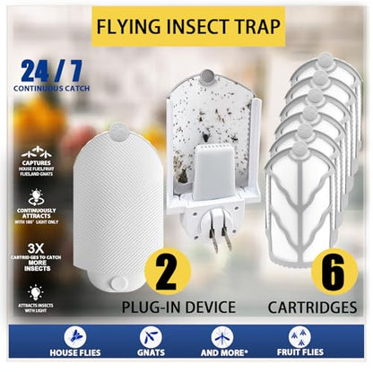 Indoor Flying Insect Trap with 2 Plugs & 6 Refills, UV Light Bug Catcher for Fruit Flies & Gnats - Quiet, Mess-Free