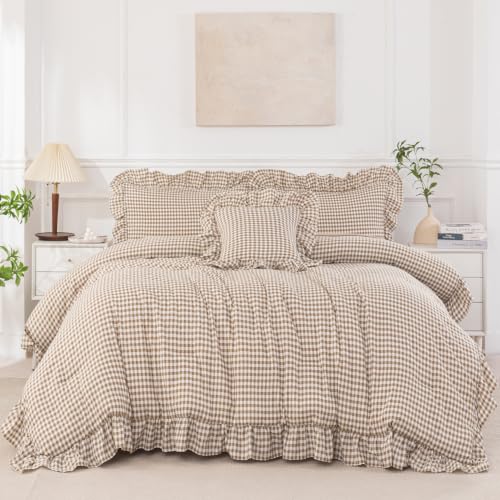Gingham Twin Comforter Set with Sheets for Girls - 6 Pieces, Tan Ruffle Bedding